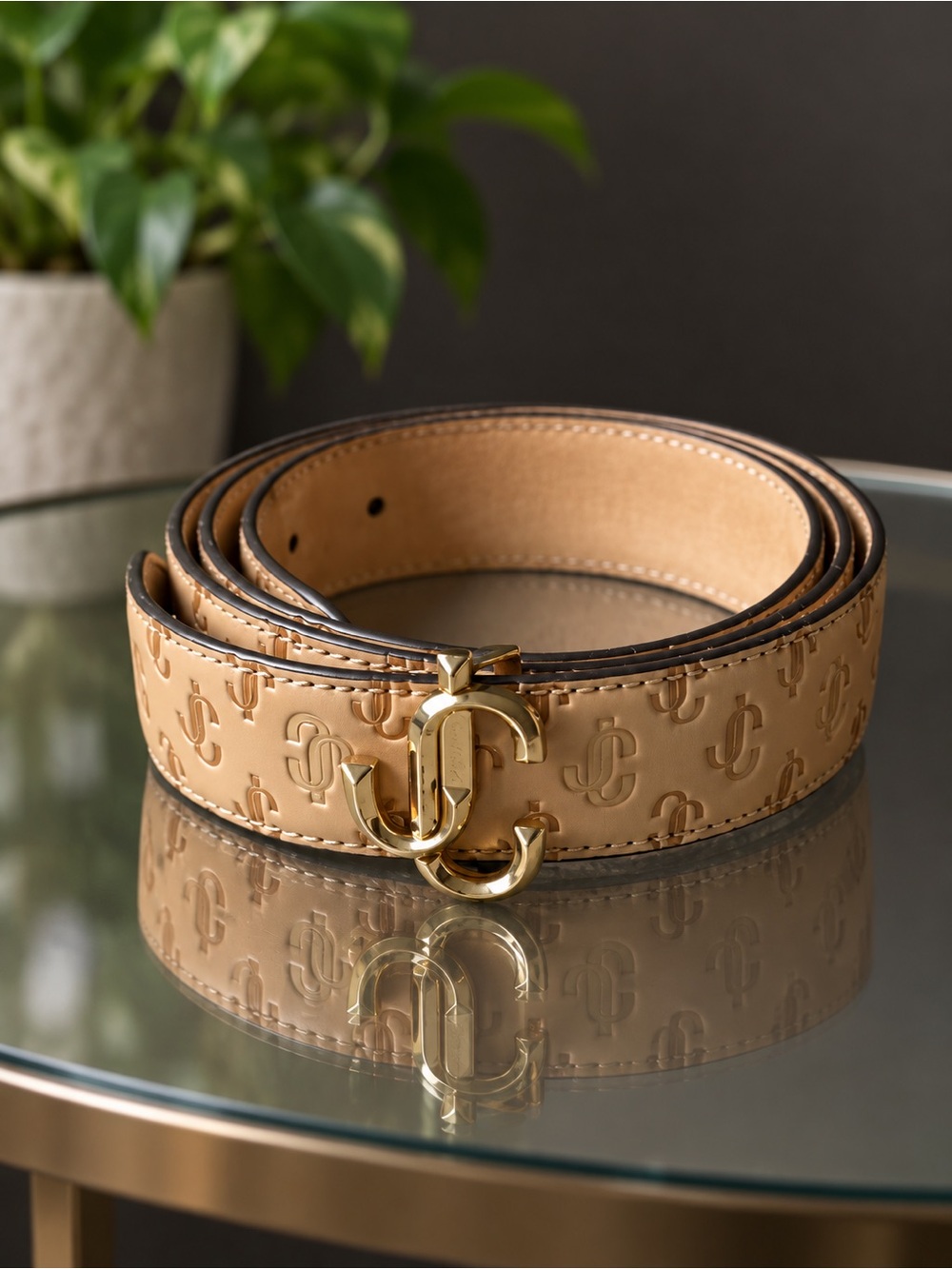 Jimmy Choo Tan Embossed Leather Belt with Gold JC Logo Buckle